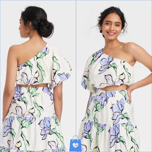 Small - Womens Balloon Sleeve Asymmetrical One Shoulder Blouse - Ivory Floral - Picture 1 of 5